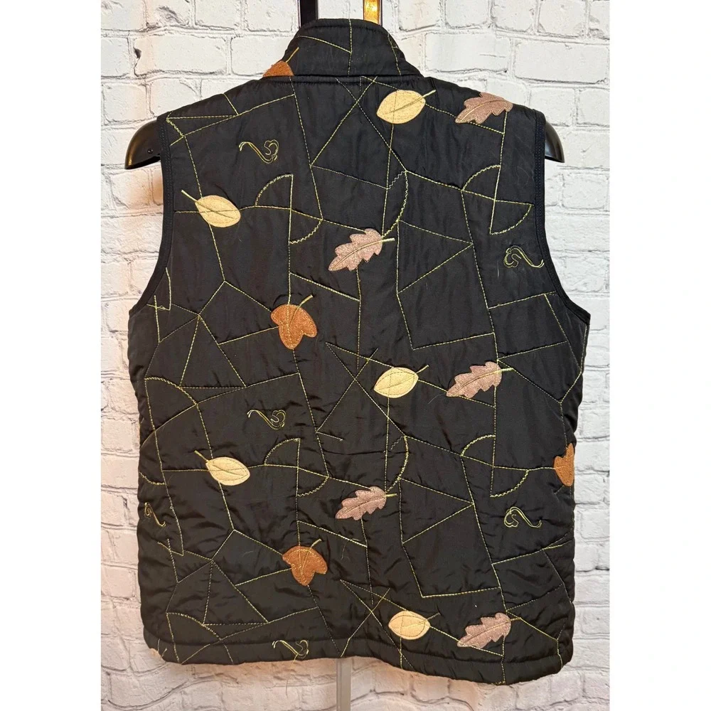 Tall Girl Women's Black Embroidered‎ Leaf Quilted Puffer Vest Full Zip Large